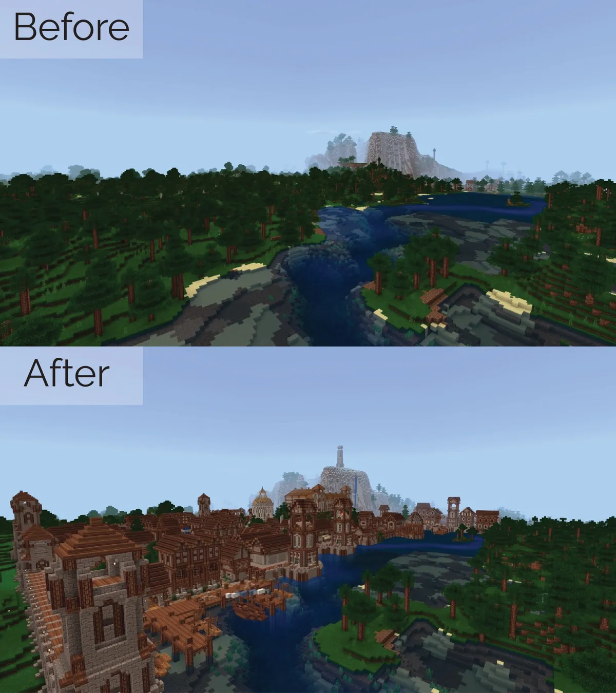 This is my survival harbour town I have spent my quarantine time during this year working on. Definitely my biggest project I have ever approached in Minecraft, really proud to see my before and after progress like this.