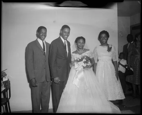 Young couple pose for their wedding photos, Pittsburgh, Pennsylvania, 1959.