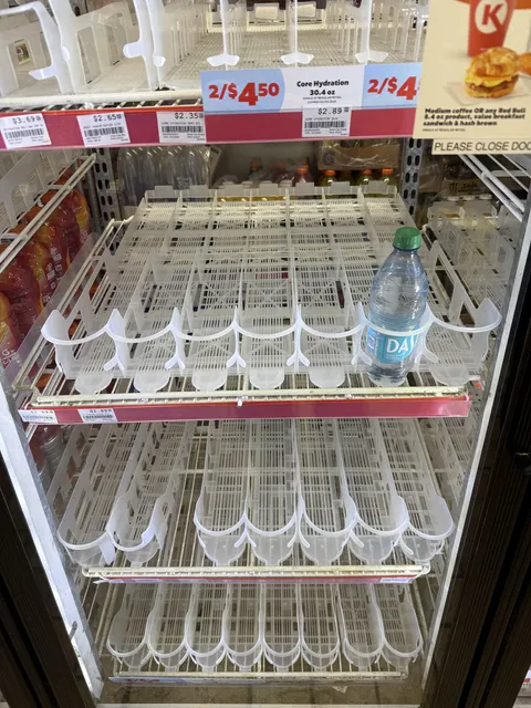 Gas station had no gas, empty shelves, and only one bottle of Dasani in the water section.