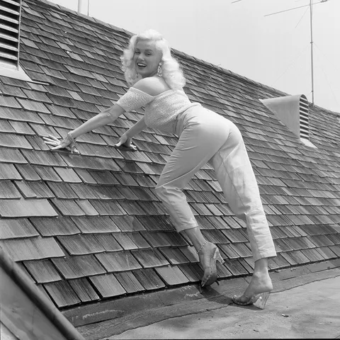 Mamie Van Doren on the roof of her home in Los Angeles, California, photo by Earl Leaf, July 1956.