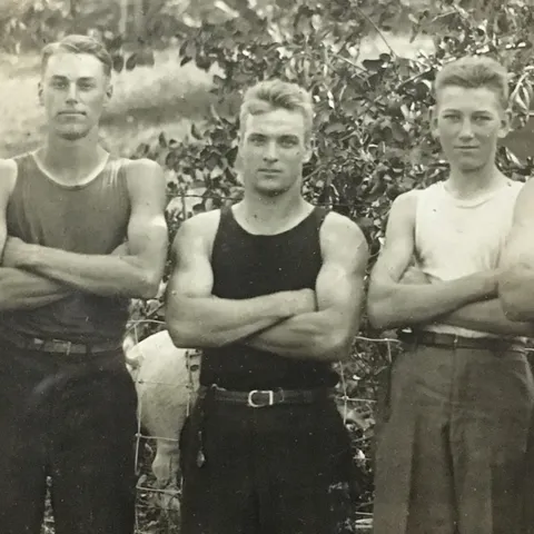 My grandfather (center) on his family farm in the Catskills with some friends circa 1915