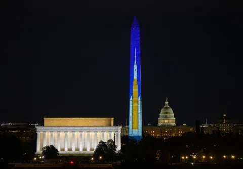 NASA’s Space Launch System (SLS) rocket projected onto the Washington Monument.