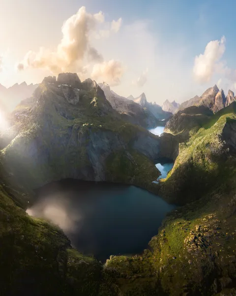I caught a photo of 3 levels of mountain lakes while visiting Lofoten (Norway) [OC] [3276 × 4096]