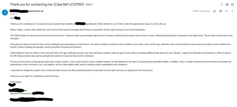 After nearly 2 months, my local MP replied to my email about the 'Stop Killing Games' video game preservation petition