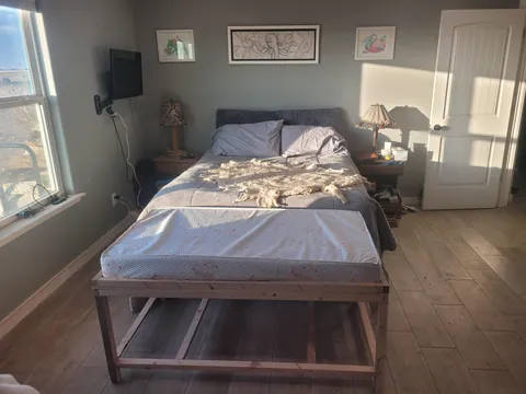 Sheepdog Too Big. Built A Bed To Match Dimensions To Our Queen. Used 100% Recycled Materials. £0 Spent. I Will Build/Install Drawer Tomorrow.