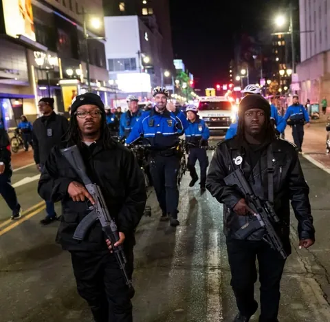 Armed members of the Black Panther Party walk through downtown and join protest [OC]