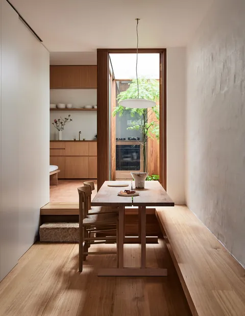 Fully-timber built-in dining nook next to a small courtyard garden, Darlinghurst, Sydney, New South Wales, Australia [1653x2133]