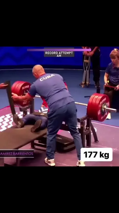 Pablo Ramirez bench presses 177kg raw in the 54kg weight class at the 2024 IPC Bench Press World Cup. Acts among athletes with musculoskeletal disorders.