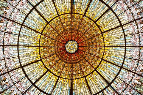 Great stained glass ceiling of the Palau de la Música Catalana, in Barcelona, Catalonia