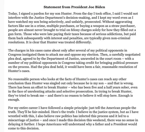 BREAKING: PRESIDENT BIDEN PARDONS HUNTER BIDEN 