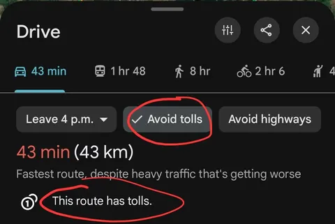 Google Maps suggesting a toll route when "avoid tolls" is selected
