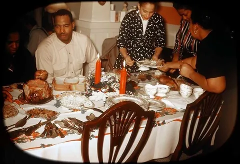 Kodachrome slides from a christmas diner party in the 1950s. It appears the whole family was there