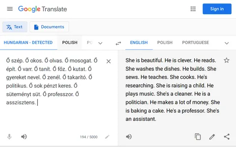 Hungarian has no gendered pronouns, so Google Translate makes some assumptions