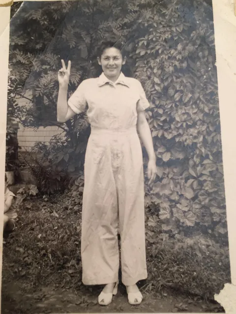 My aunt Ida throwing the peace sign in the 1940s