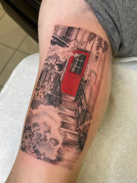 Grandparents front porch by Jason Thomas at Moon Tattoo Studio (Austin, TX)