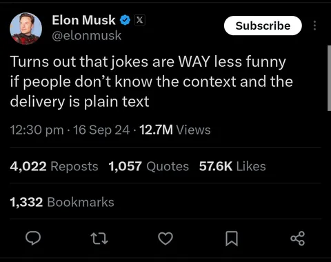 Elon's reaction after receiving scrutiny for his previous post inciting violence against the President/Vice President 