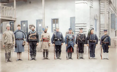 Troops of the Eight-Nation Alliance in 1900 (Russia excepted). Left to right: Britain, United States, Australia, India, Germany, France, Austria-Hungary, Italy &amp; Japan.