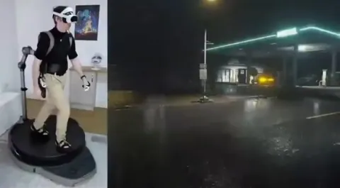 This guy is playing Resident Evil 2 in a full VR setup with a walking simulator