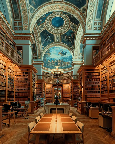 The 19th-century Library decorated with paintings by Eugène Delacroix in Palais Bourbon, the meeting place of the French National Assembly, 7th arrondissement of Paris, France.