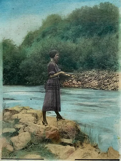 My great-grandmother fishing circa 1914 probably in Michigan (colorized by hand shortly after it was taken)