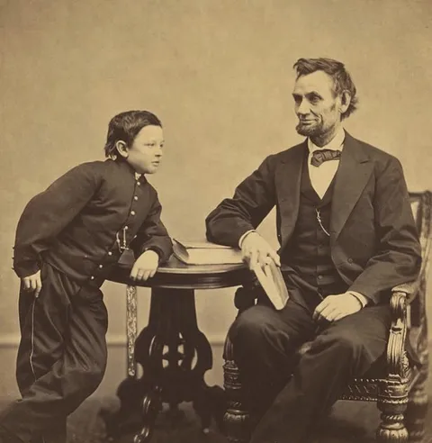 Abraham Lincoln with his son, Thomas "Tad" Lincoln, the fourth and youngest son of the 16th President of the United and his wife Mary Todd Lincoln. Thomas died at the age of 18.