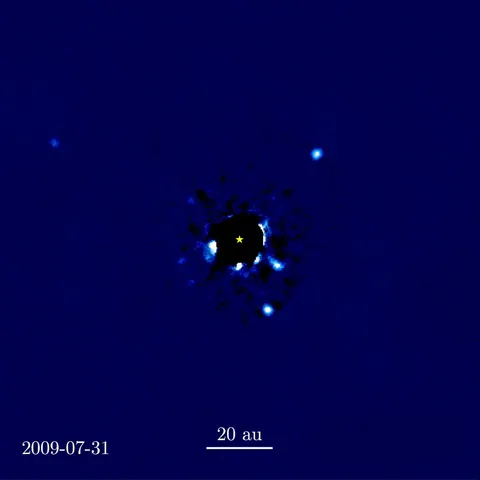 4 exoplanets &amp; a massive debris disk orbiting the main-sequence star HR 8799 about 133 light-years away, captured over the course of 7 years. They are classified as super-Jupiters &amp; have orbital periods ranging from decades to centuries in Earth years. (Credit: Keck Observatory, Jason Wang, et. Al)