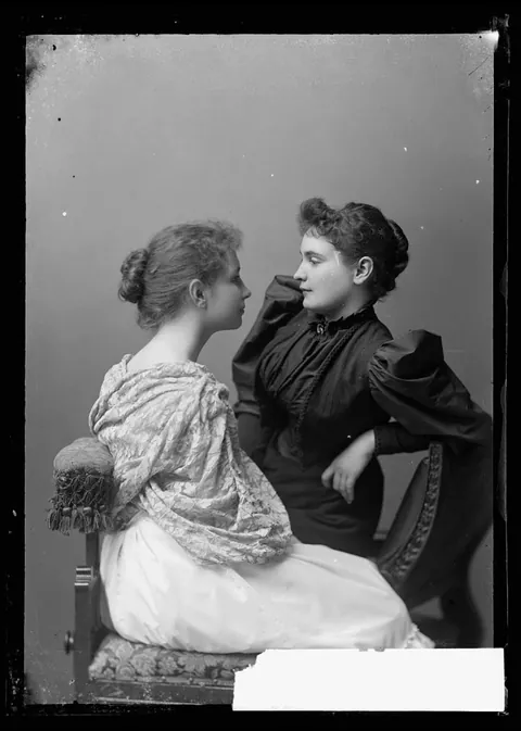 Helen Keller facing her teacher Anne Sullivan, glass plate negative, circa (1895)