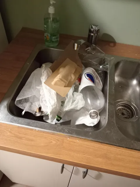 Mom thinks basement sink is a portal to the upstairs trash can.
