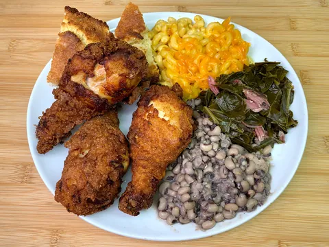 Fried Chicken, Mac and Cheese, Collards, Black-Eyed Peas with Cornbread