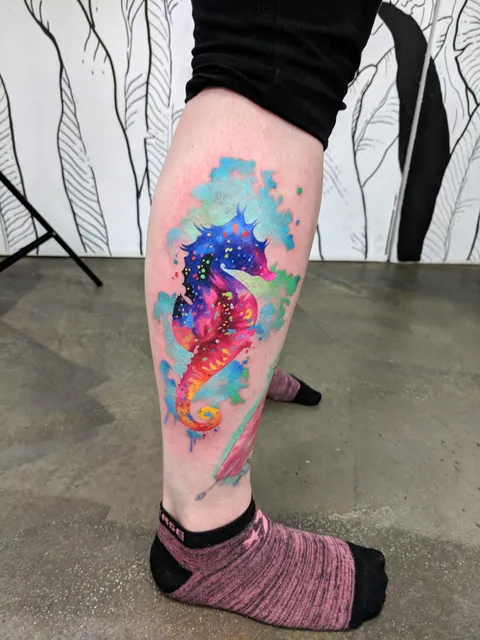 My beautiful watercolour seahorse by Zina, guesting at NR Studios in London.