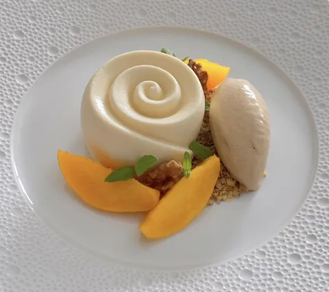 Oolong Tea Ice Cream, Poached Peaches &amp; Camembert Cheese Panna Cotta