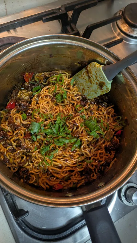[Homemade] Indo Mee noodles with minced beef stir fry. Ignore Leo on the side
