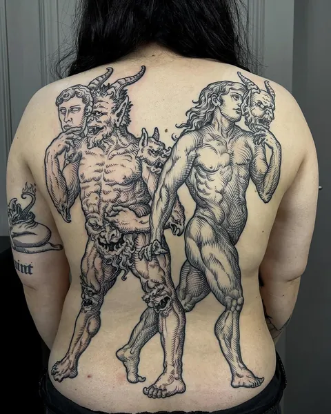 DEMON &amp; MASKED MEN, back tattoo done by Maud Dardeau, Bordeaux, France.