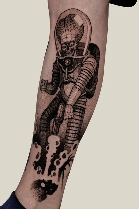 Mars Attacks! tattoo done by Max LaCroix at All Sacred Tattoo Studio in Denver, CO