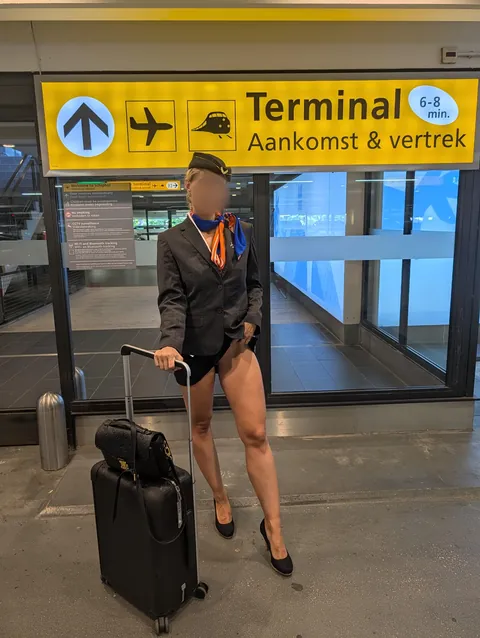 Flight attendant before getting on her long flight