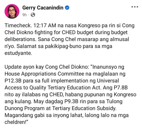 Tinatawag nyo “Ngipin,” “Dilawan,” “NPA” at kung ano-ano pa, pero lumalaban para sa kinabukasan ng mga anak nyo! Timecheck. 12:17 AM na nasa Kongreso pa rin si Cong Chel Diokno fighting for CHED budget during budget deliberations.