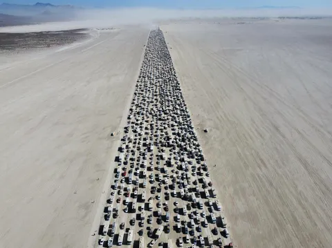 The Burning Man Exodus. Black Rock City Nevada, 10 Hours Long Traffic Jam.