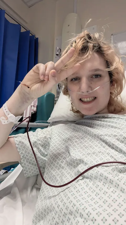 I'm finally home from hospital after 3 weeks just in time for my birthday! I turn 19 today :) Here's a picture of me receiving a blood transfusion after my emergency surgery. I'm glad I'm recovering