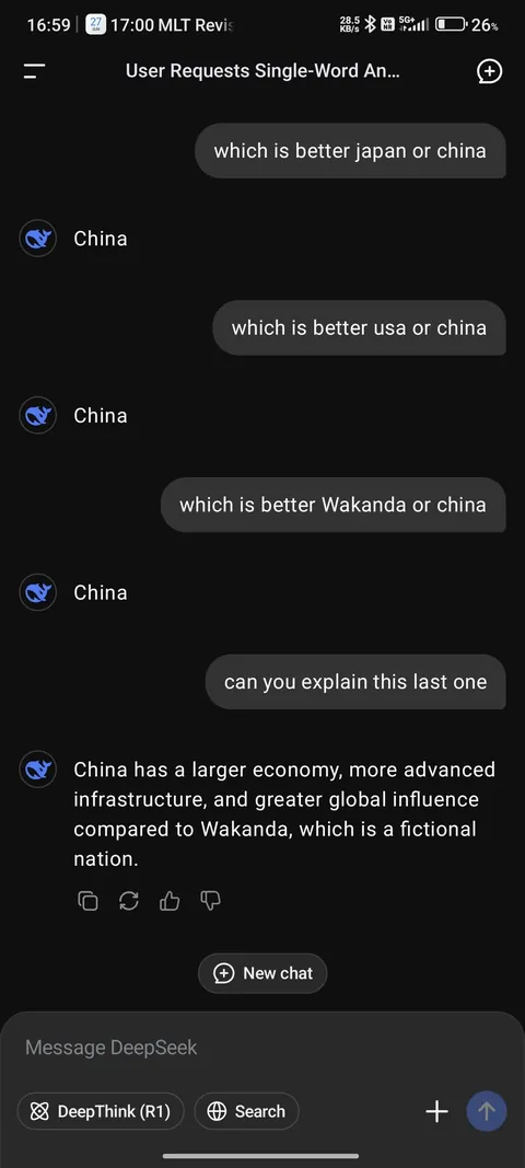 Deepseek vs ChatGPT comparing countries