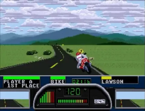 Gameplay of the motorbike racing game Road Rash. Not real life!