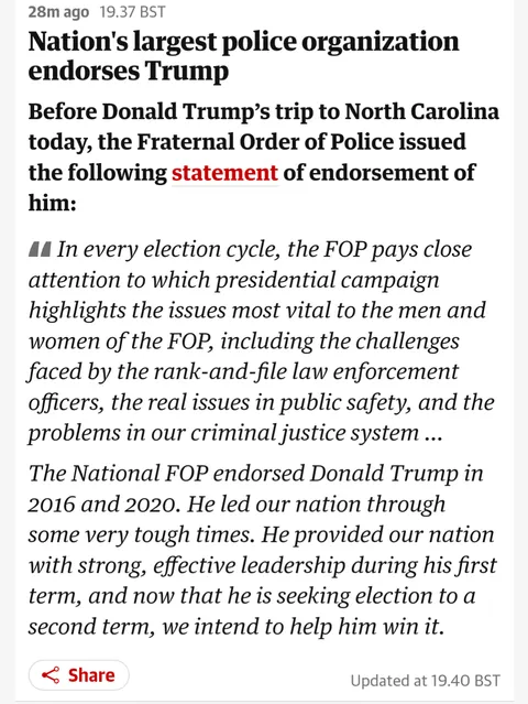 Largest police organization endorses a convicted felon