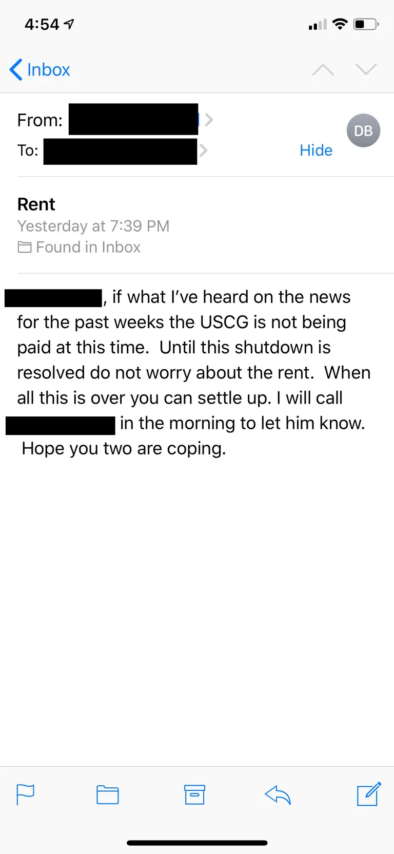My husband is in the Coast Guard and the owner of the house we are renting through a local property manager sent me this email last night. I’ve met him once.