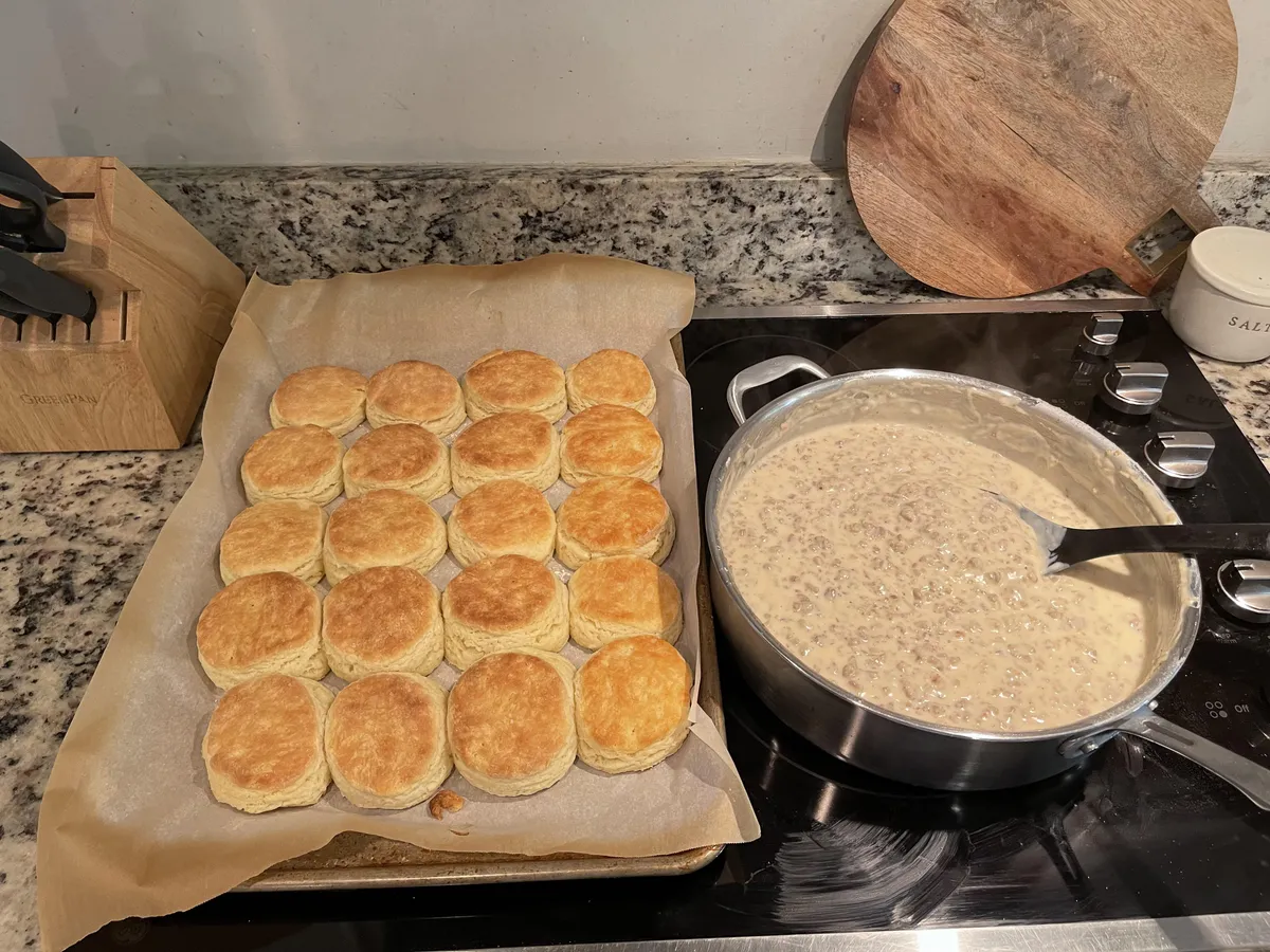 [homemade] Buttermilk biscuits and sausage gravy.