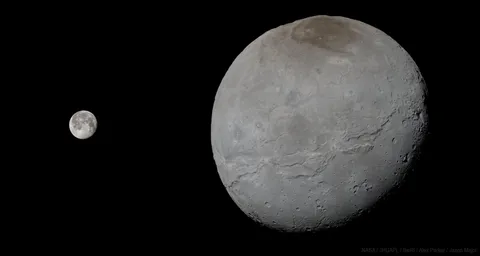 You know how big the Moon looks in the sky on Earth. If you were standing on Pluto, this is how large its moon, Charon, would look in its sky (Credit: NASA/JHUAPL/SwRI/Alex Parker/Jason Major)