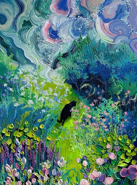 cat in the garden, Anastasia Trusova, acrylic, 2024