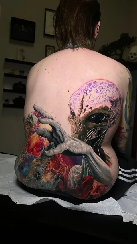 Halfway done space back by Mattia Braga, Dark Whisper Tattoo Studio in Brescia, Italy