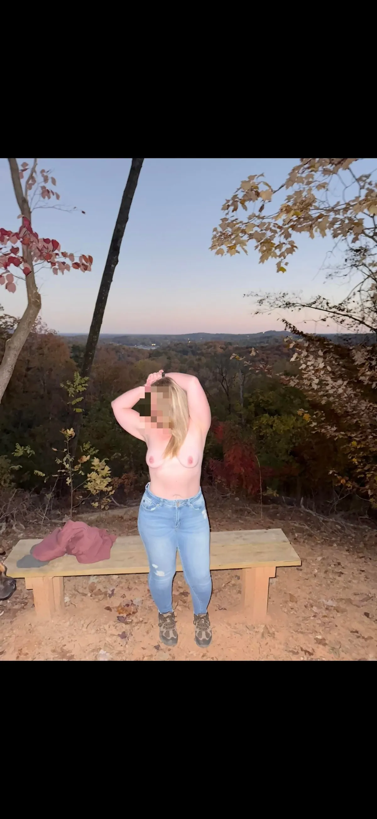 Our current situation, having a little fun on a hike again this afternoon. Starting to get chili tho. Love her body, However she hates it. She loves reading the comments and messages tho