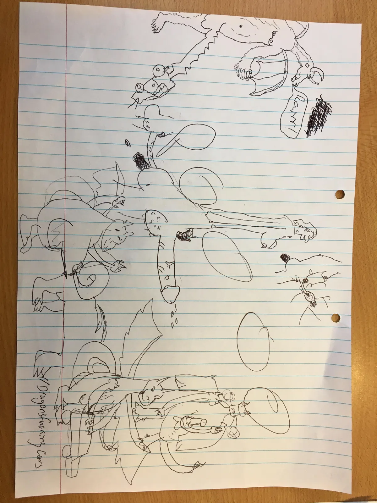 Drew some of this with my buddy in English literature class, the bottom right is the mega charizard x fucking the car
