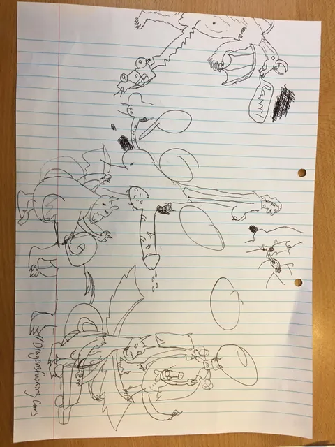 Drew some of this with my buddy in English literature class, the bottom right is the mega charizard x fucking the car