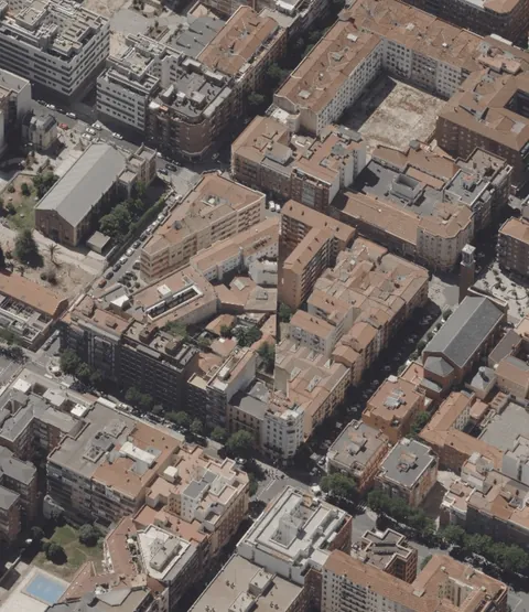 A glitchy city block in Madrid